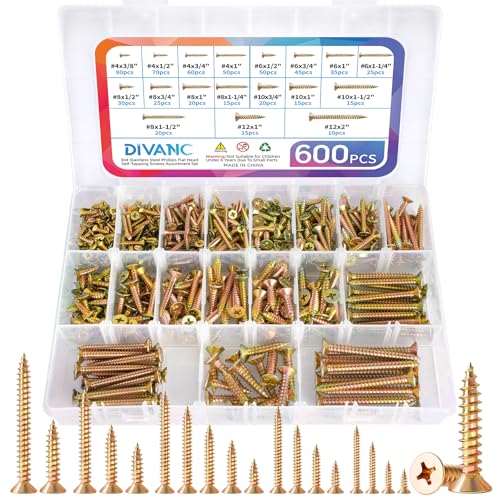 600Pcs Stainless Steel Zinc Plated Wood Screws Assortment Kit, #4#6#8#10#12 Phillips Flat Head Sheet Metal Screws Self Tapping Screws Set,Length 3/8" to 2" (Gold-Flat Head) Gold