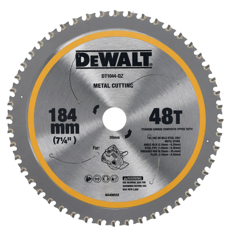 DEWALT DT1044-QZ Metal Circular Saw Blade for Use on Hand-Held Circular Saws for Cutting Mild Steel, Metal Bolts, Angle Irons, Steel Tubes, Diameter: 184 mm, Bore: 20 mm, 48 Teeth, Suitable for DCS383