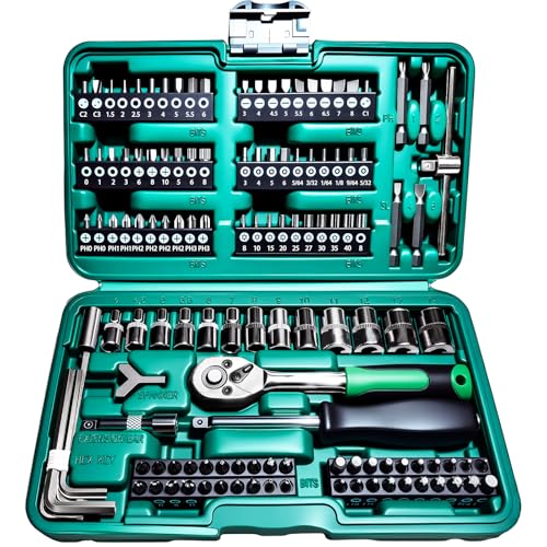 130 Pieces 1/4 Inch Drive Socket Ratchet Wrench Set, Mechanic Tool Set, with Bit Socket Screwdriver Set Metric and Extension Bar for Auto Repairing and Household Silver-130pcs