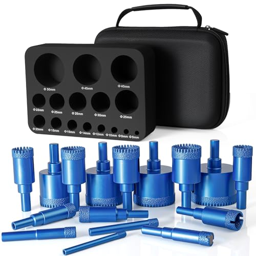 Diamond Core Drill Bits Set,16pcs Tile Hole Saw Kit Serrated Brazing Core Drill Bit Set for Porcelain Glass Ceramic Stone Granite Marble | Dry/Wet Dual-Use | High-Precision Drilling Blue Set of 16 drill bits