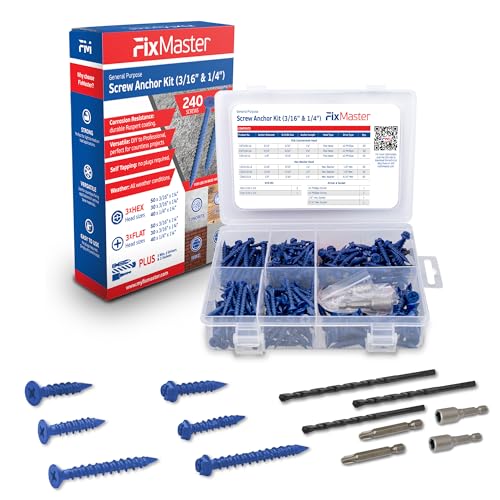 Blue Multi Purpose Blue Concrete Screw Mix Kit - 240 pcs (3/16x1-1/4, 3/16x1-3/4 & 1/4x1-1/4 w/ 2 Sockets & 3 Drill Bits - Use in Concrete, Masonry, Wood & Brick CSMIX-KIT