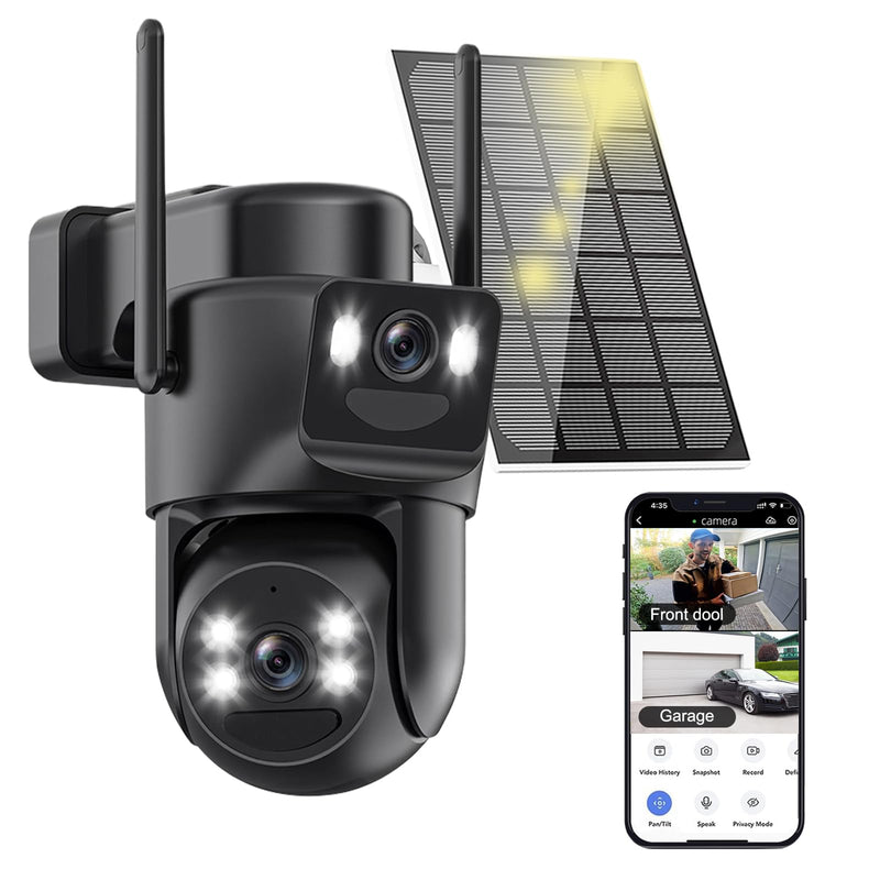 4K Solar Security Cameras Wireless Outdoor, 2.4G/5Ghz WiFi Cameras for Home Security, Dual Lens Solar Camera with Auto Tracking, Human Detection, Color Night Vision, Spotlight Siren,Alexa Black 1 Pack