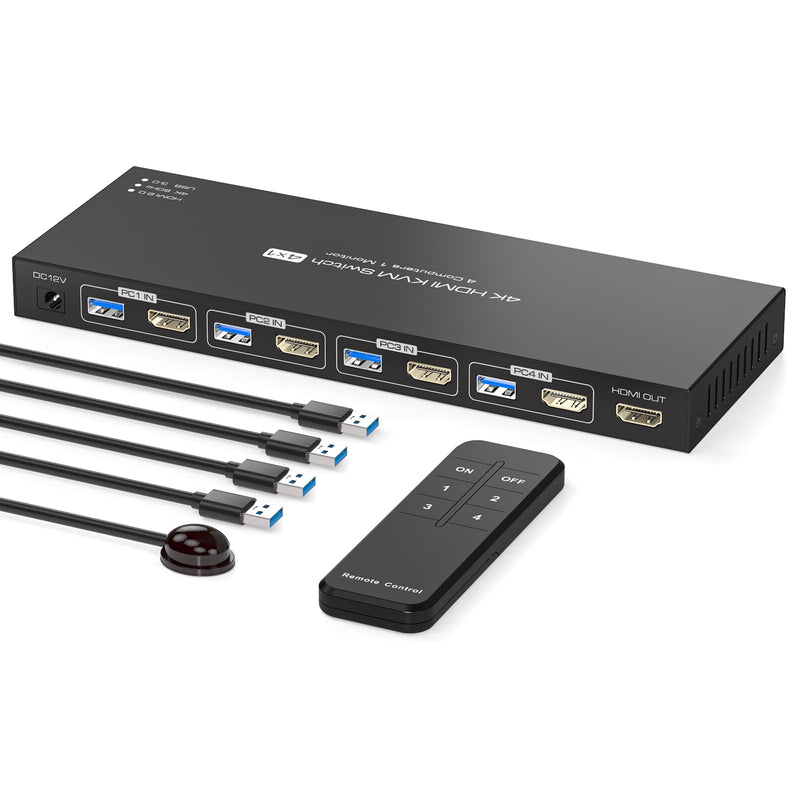 USB3.0 HDMI KVM Switch 4 Computers EDID 4K60Hz 4 Port KVM for 4 PC Sharing 1 Monitor and 4 USB 3.0 Devices with Controller 4K HDMI 4 PC 1 Monitor