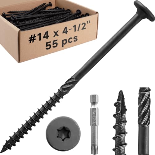 #14 x 4-1/2 Inch Structural Wood Screws Kit(55PCS), Heavy Duty Exterior Timber Screws, Black Lag Screws for Wood with Washer Head, Structural Construction Screws with T30 Star Drive Bit #14 x 4-1/2" 55