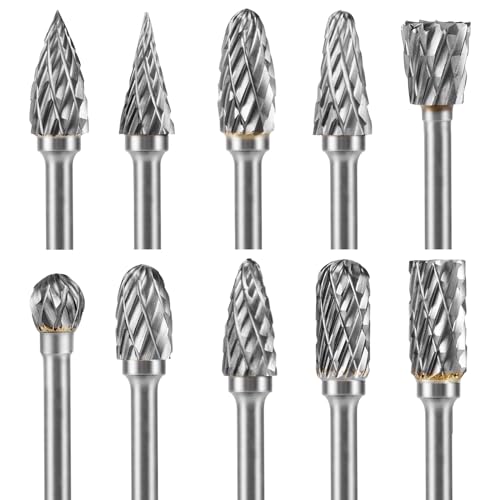 10-Piece Carbide Burr Set, Rotary Cutter Set | Tungsten Carbide Cutter with Double Cut, End Mill with 1/8 Inch Shank Drill Bit for Grinder, DIY Woodworking