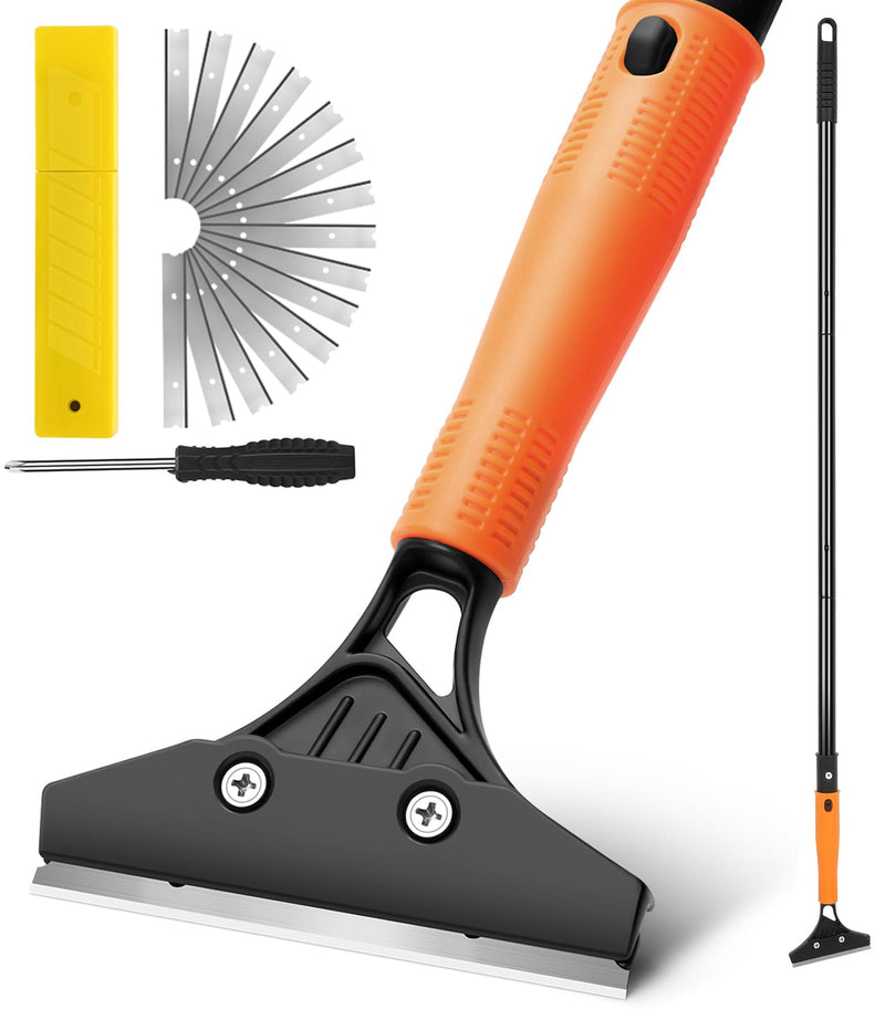 Razor Blade Floor Scraper with Long Handle, 4 Inch Floor Scraper Tools Heavy Duty with 10PCS Extra Metal Blades,Paint Scrapers for Cleaning Wall Glass Floor Paint Gum Stains Stickers Linoleum Orange