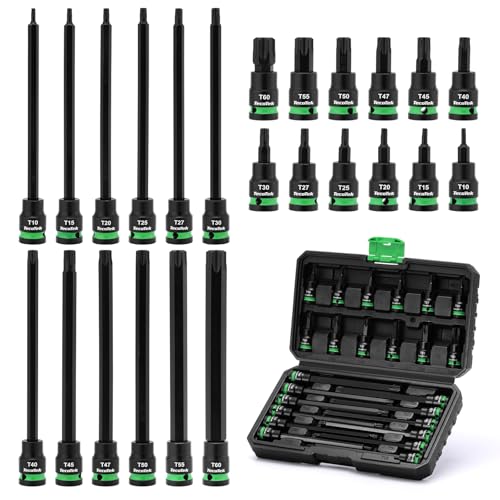 TecoTek 3/8" Drive Impact Torx Bit Socket Set, Extra Long Torx Socket, S2 Alloy Steel Star Bit Sockets, 24PCS Star Bit Set, T10-T60, 2in & 6in Long, CR-V & S2 Alloy Steel Set, Enhanced Storage Case