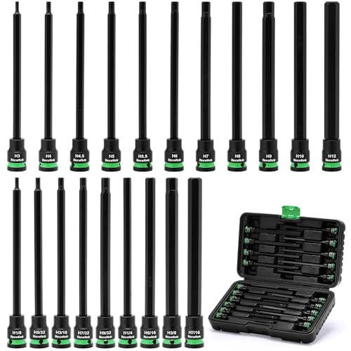 TecoTek 3/8" Drive Long Impact Hex Bit Socket Set, Allen Bit Sockets, 20PCS Allen Wrench Socket, SAE (1/8"-7/16”) and Metric (3MM-12MM), 6" Long CR-V & S2 Alloy Steel Hex Key Set