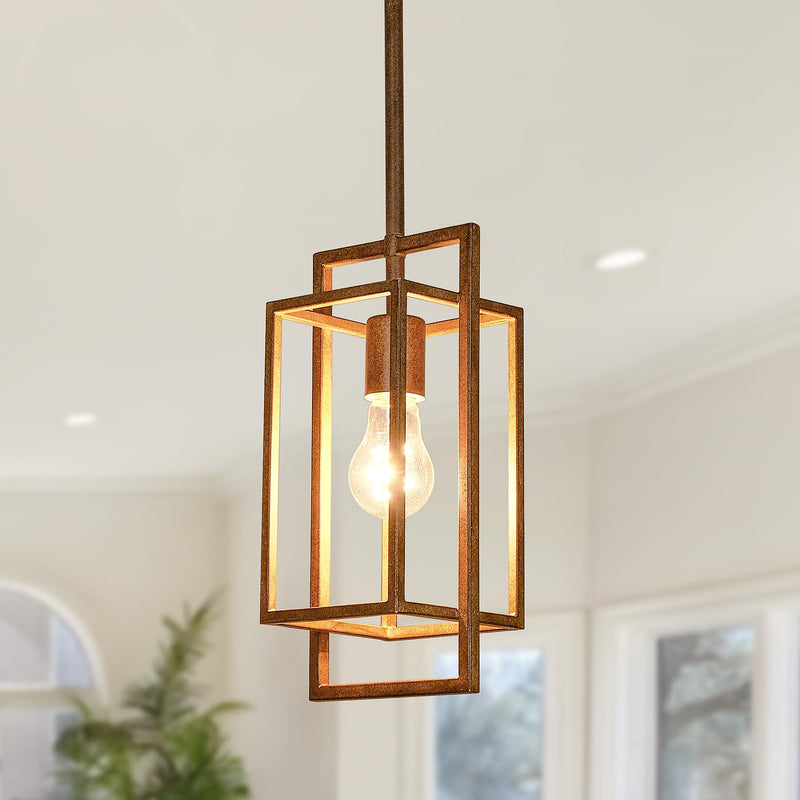 Antique Brown Pendant Lighting Fixture with Geometric Metal Cage, 1-Light Retro Inspired Farmhouse Mini Hanging Lamp with Height Adjustable Rods for Kitchen Island, Cafe Bar, Dining Room 12"H -- 1 Light Antique Brown