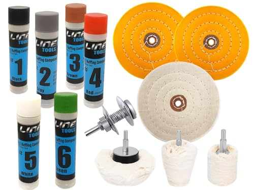 LINE10 Tools 6 Inch Metal Buffing Kit for Drill, 6 Buffing Compound Buffing Wheels and Drill Buffers with Adapters Bench Grinders, Mag Aluminum Wheels Stainless Steel, Chrome, Gold Brass