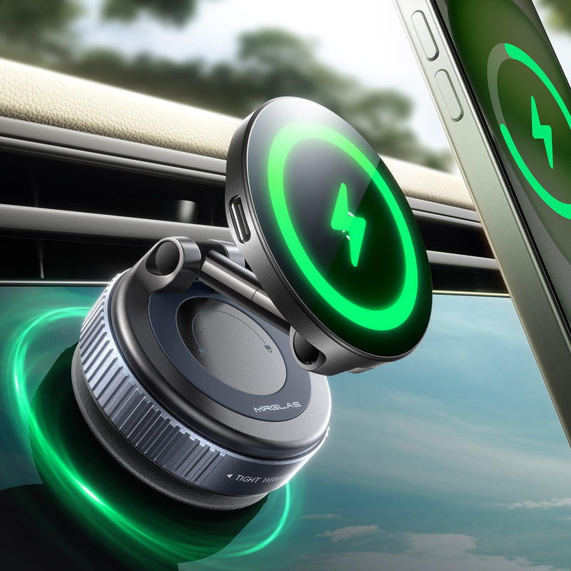 MRGLAS for 15W MagSafe Car Mount Charger, Vacuum Magnetic Wireless Car Charger for iPhone 17 Pro Max Accessories, Suction Cup Phone Mount Charger for iPhone 16 16e 15 14 13 with MagSafe Case