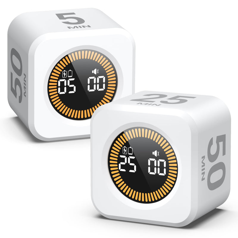 KADAMS Pomodoro Cube Timer Productivity Visual Timer - 5/10/25/50 Min Rotating Countdown, Customize Countup Silent Mode- for Work Study Cook Workout Kitchen Back to School Classroom (White, 2 Pack) White + White