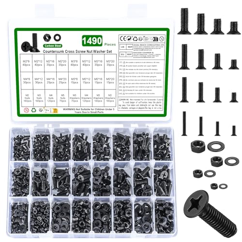 1490 Pcs M2 M3 M4 M5 Machine Screws Assortment Kit,Flat Head Screws M2 M3 M4 M5 - 1490