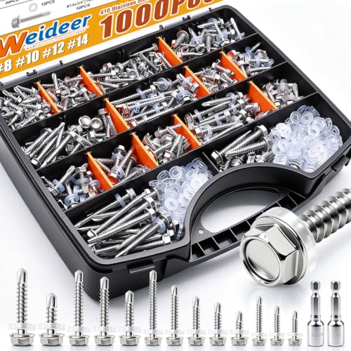 weideer 1000pcs Self Tapping Screws for Metal, #8#10#12#14,410 Stainless Steel Sheet Metal Screws Assortment Kit, Hex Washer Head Self Drilling Screw with Rubber Washer,Length 1/2" to 2'' SV 1000PCS #8#10#12#14 Kit