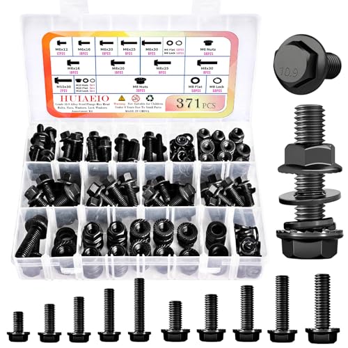371PCS Flange Hex Black Bolts and Nuts Assortment Kit M6x1.0 M8x1.25 M10x1.5 Metric Bolts Nuts Washers Assortment Class 10.9 Alloy Steel Black Zinc Plated,Full Thread