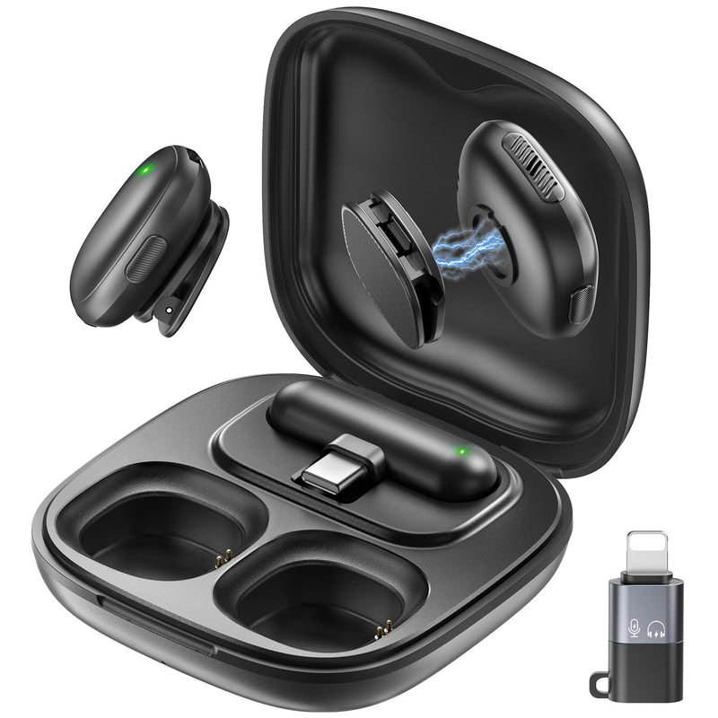 Mini Wireless Lavalier Microphone for iPhone/Android/PC/Tablets, Lapel Mics with USB-C/Lightning Plug, AI Noise Cancelling, Magnetic Mic, 40H Battery Life with Charging Case for Stream, Vlog, TikTok All iPhones & Androids (USB-C + Lightning) Black