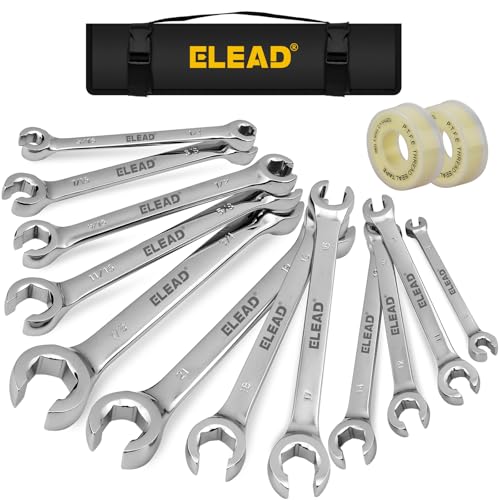 ELEAD 14-Piece Flare Nut Wrench Set with PTFE Tape, Metric & SAE 1/4"-7/8"& 6-21mm, Brake Line Wrench Set Double Open End with Organizer Pouch for Repairing and Removing Nuts Silver