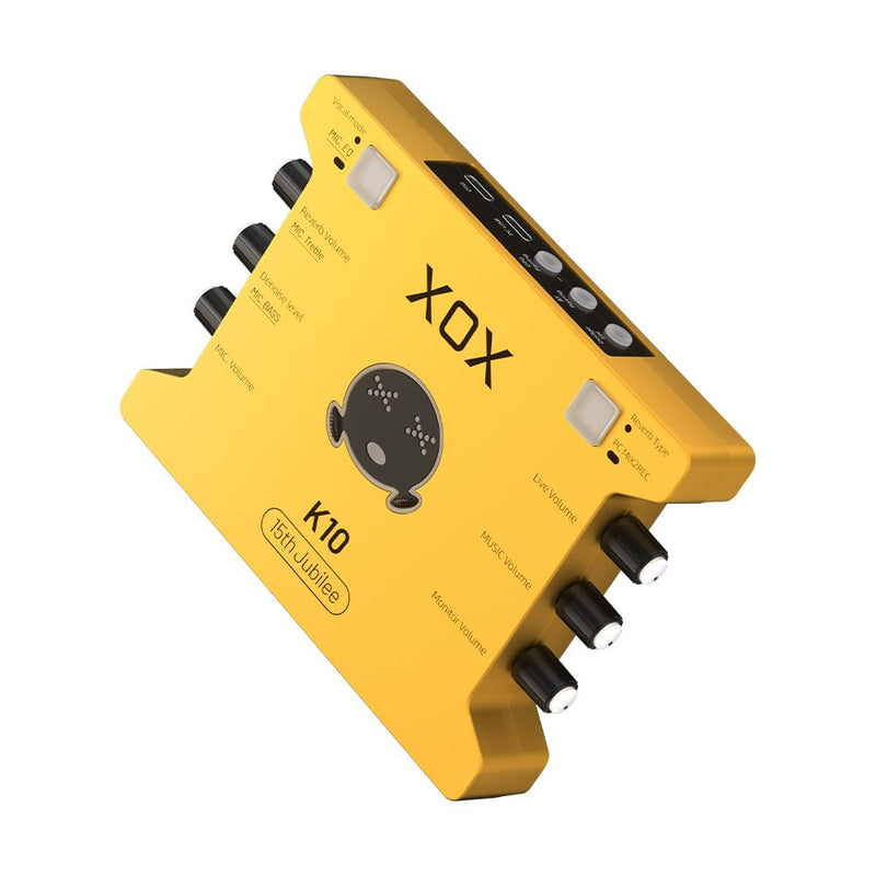 XOX K10 15TH live streaming audio interface for gaming recording bubbing teaching and k song. Stream sound card with 3.5/6.5 microphone,bluetooth and wireless OTG connect.