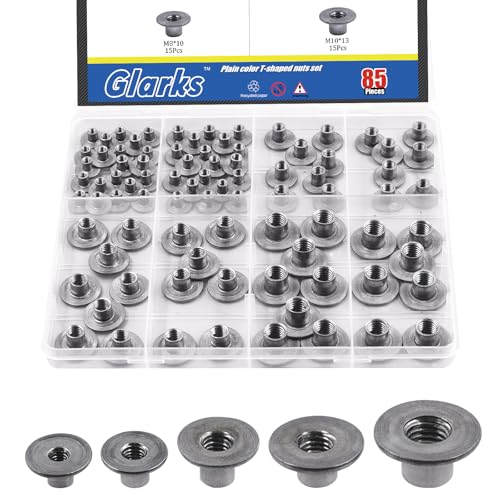 Glarks 85pcs M4 M5 M6 M8 M10 Round Base Weld Tee Nut Kit, Carbon Steel Through Hole Tee Nut, Flange Insert Female Thread T-Nuts for Hardware Fitting Fastener, Wood Furniture, Hardware Accessories