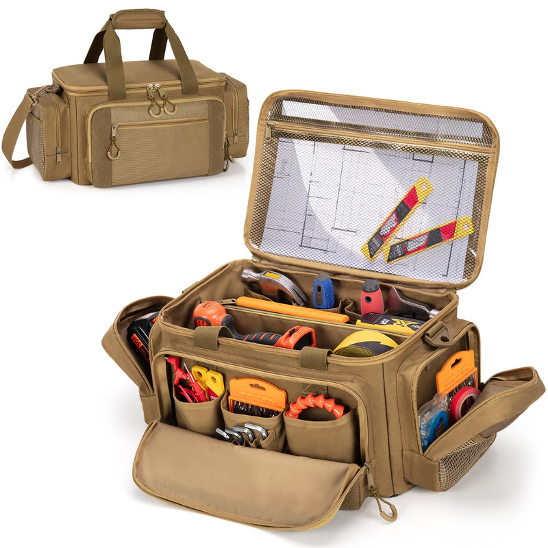 Tactical Tool Bag with Anti-friction Bottom, Hand Tool Tote Storage Organizer for Men, Small Range Bag for Electricians, Carpenters, Mechanics and Repairman, Khaki