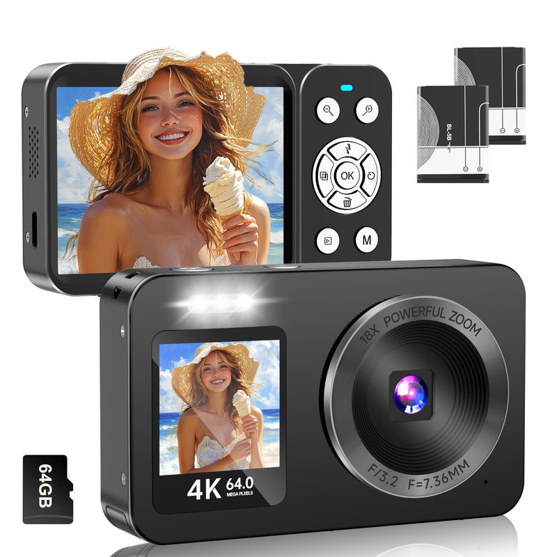 Digital Camera, 4K 64MP UHD Dual Screens Camera, 18X Zoom, Portable Small Point and Shoot Digital Cameras with 64GB TF Card, 2 Rechargeable Batteries for Kids, Teens, Adult, Selfies, Gifts- Black