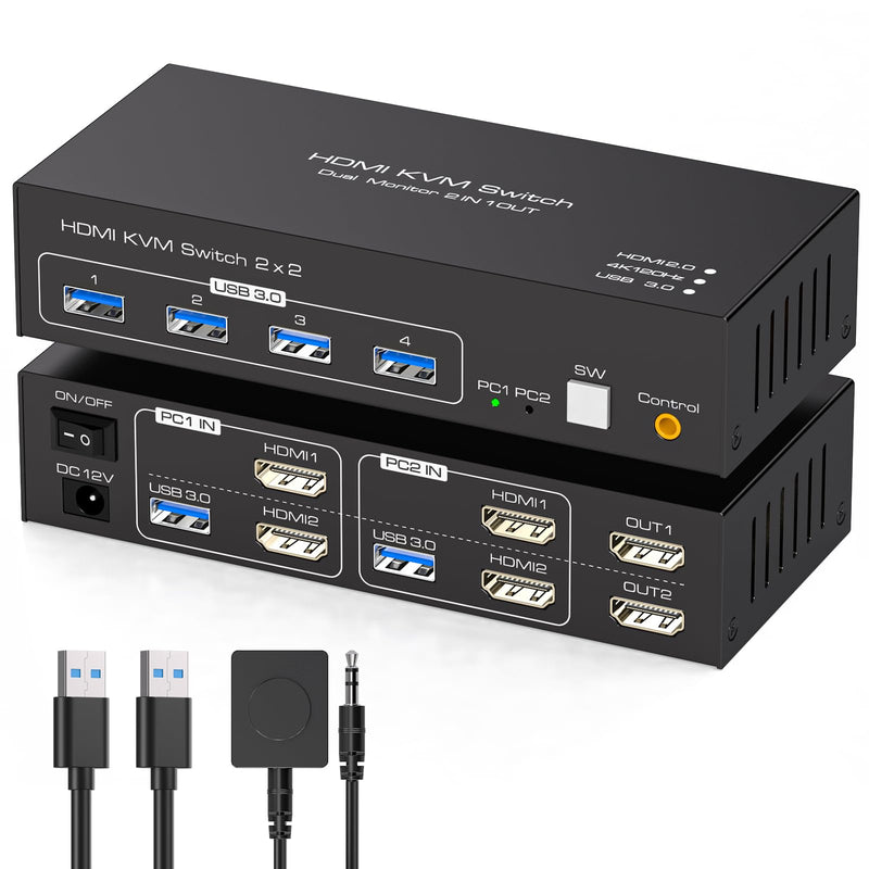 HDMI KVM Switch 2 Monitors 2 Computers 4K@120Hz USB 3.0 KVM Switch Share Dual Monitor and 4 USB Devices Support Extended/Copy Mode HDMI 2 PC 2 Monitors White