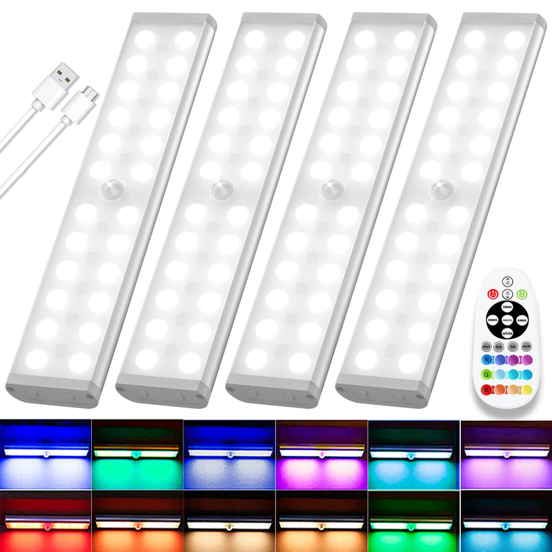 Diomart Under Cabinet Lighting Wireless, RGB Rechargeable Motion Sensor Light Indoor Night Lights, 58 -LED Remote Control Under Counter Lightis for Kitchen, Wardrobe, Hallway, Stairs, Desk(4 Pack) 4 Pack