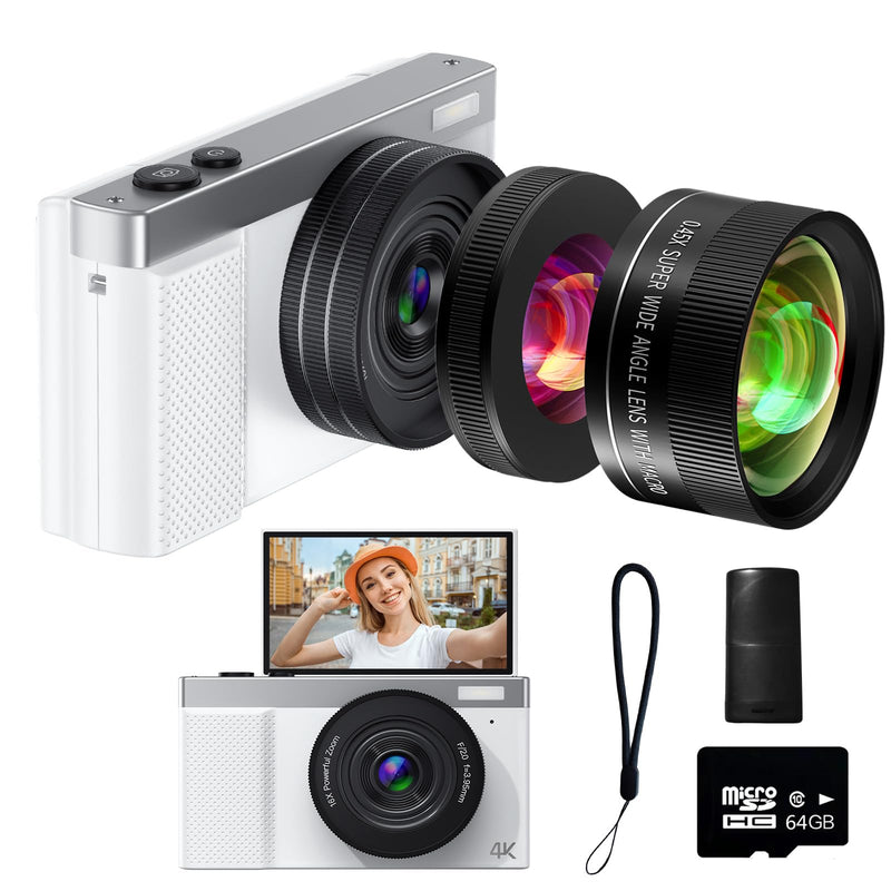 4K Digital Camera, 64MP Vlogging Camera for Photography with 3'' 180°Flip Screen,Macro and Wide-Angle Lenses,16X Vlogging Camera for YouTube with 64GB Micro SD Card for Beginner White