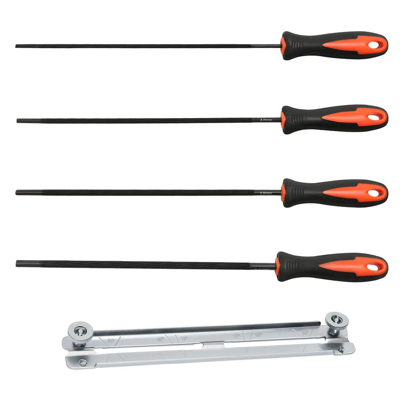 4 pieces file for chainsaw, 4 sizes, chainsaw sharpening round files, file set metal with handle and guide, 3.2 mm, 4.0 mm, 4.8 mm, 5.5 mm, suitable for DIY enthusiasts and professionals