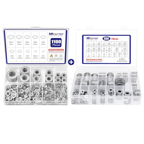 1650 Pcs Stainless Steel Flat Washers Assortment Kit – 304 Stainless Steel, Metric (M2–M12) & SAE (#6–1/2") Sizes, Includes Flat Washers & Fender Washers – Ideal for Automotive, Construction, Industri