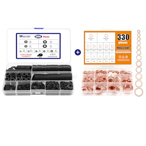330 Copper Crush Washers (M5-M20) & 1350 Nylon Flat Washers (M2-M12) for Automotive, Plumbing, Electronics, DIY - Sealing & Insulating Washer Set