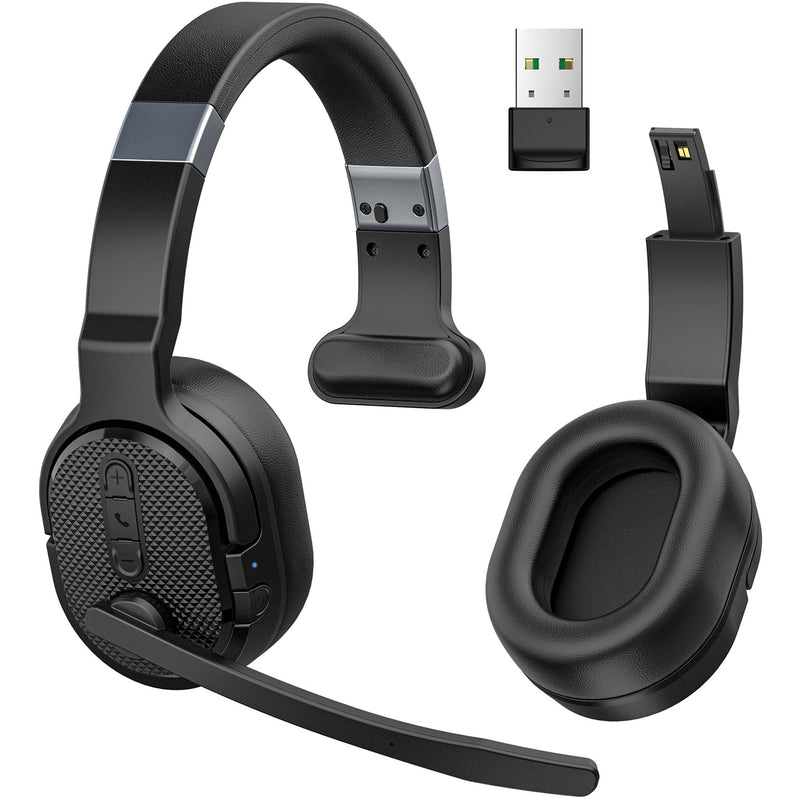 Trucker Bluetooth Headset with Dongle, Wireless Headsets with Noise Cancelling Microphone, 50+Hrs HD Talktime Bluetooth Headphones with Detachable Earpad/Single+Dual Mode for Office/Driving Black-Dongle