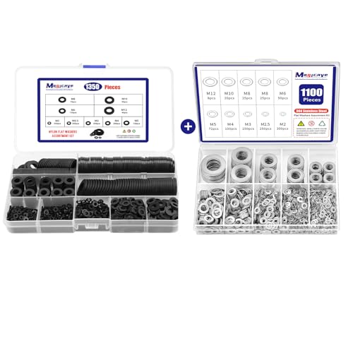 1350 Pcs Nylon & 1100 Pcs 304 Stainless Steel Flat Washers Assortment Kit – Black Nylon & Metal Washers for Screws and Bolts (M2-M12) – Ideal for Automotive, Construction, Industrial, DIY