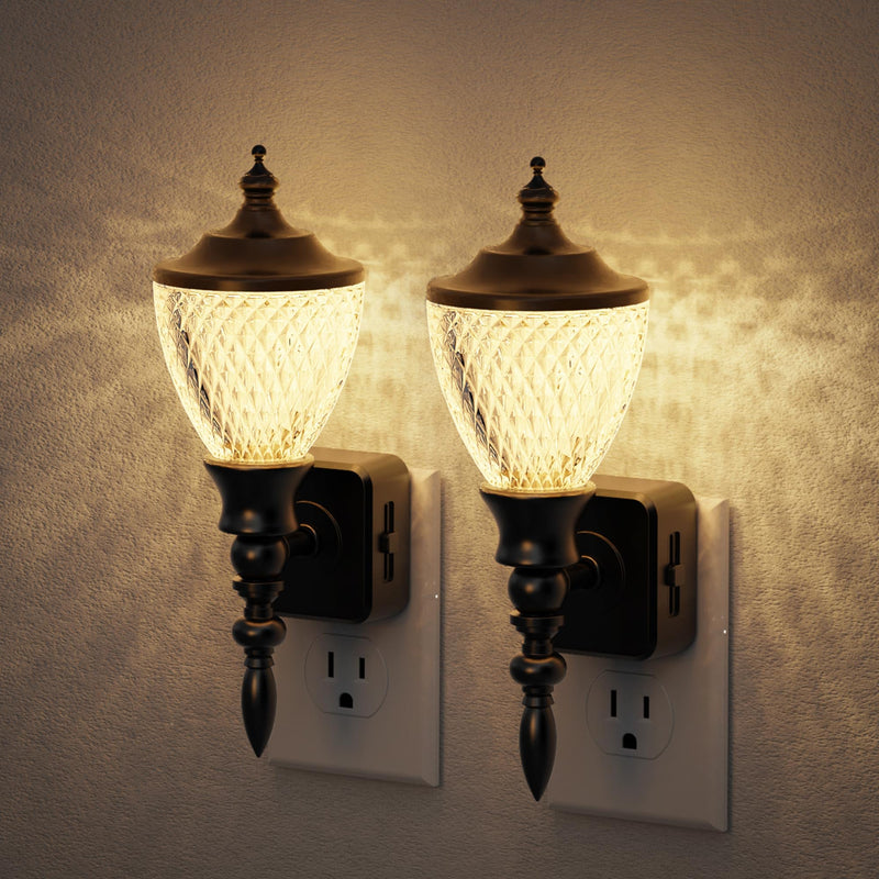JandCase 2 Pack Night Lights Plug into Wall, 3000K Soft White, Dusk to Dawn Sensor, 0-100LM Dimmable Industrial Night Light, for Bedroom, Bathroom, Living Room, Hallway Black
