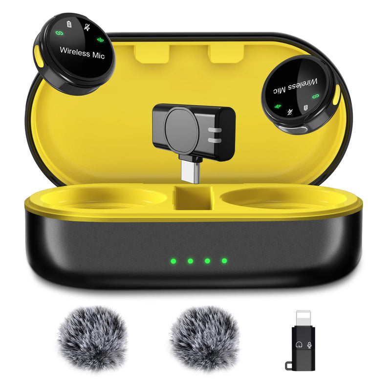 J7 Wireless Lavalier Microphone for iPhone, iPad and Android(Lightning/USB C), Mini Microphones 30 H Battery Life, 2 Pack Round Mini Mics for Video Recording YouTube TikTok Content Creator Black Mic for USB C + Charging Case