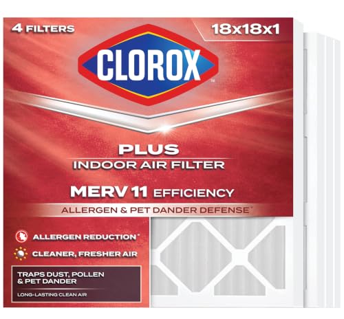 Clorox 18x18x1 Air Filter, MERV 11 Pleated HVAC AC Furnace Air Filters for Dust, Pollen and Pet Dander, MPR 1000 & FPR 7 – Pack of 4 MERV 11 Plus