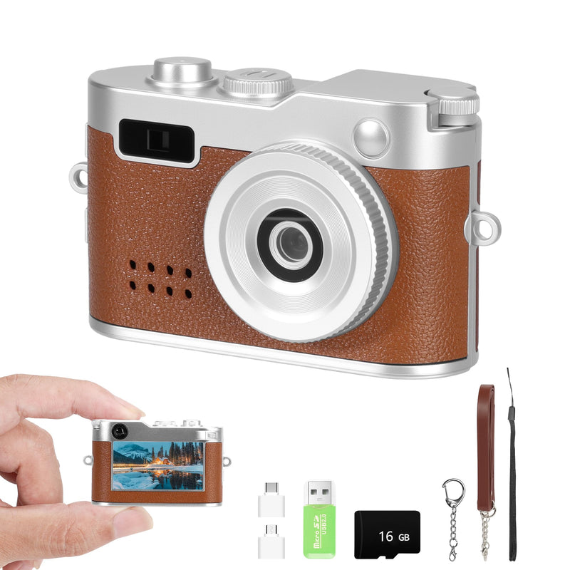 Mini Keychain Camera, FHD 1080p 8MP Mini Digital Camera with 32GB SD Card, 0.96" HD Display, 100 Mins Battery Life Small Camera for Travel Study Recording (Brown, 16GB) Brown