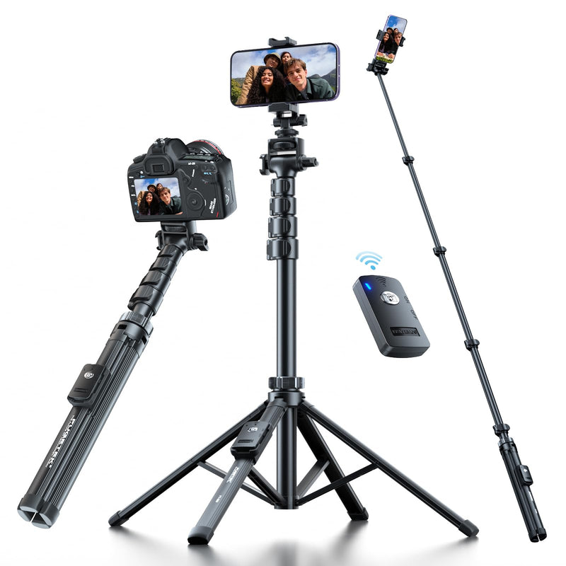 Fugetek 62" Professional Cell Phone Tripod, Ultra Stable 4 Leg Design, Bluetooth Remote, 100% All Aluminum Stick & Legs, Portable All in One, 360° Phone Mount with 2 Cold Shoe Slots, Non Skid Feet Quadrapod