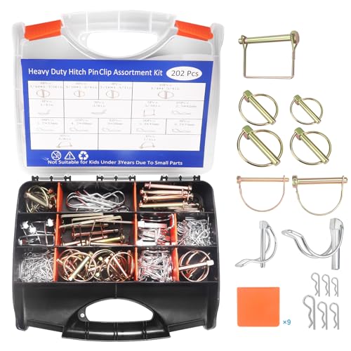 202PCS Hitch Pins, Standard Galvanized Steel 15 Sizes Hitch Pin Clip Pin Linch and PTO Pins Assortment Kit Fit for Trailers, Tractors, Trucks, Towing Mowings, Farm Equipments, Snow Plows, Lawn Mower 202PCS