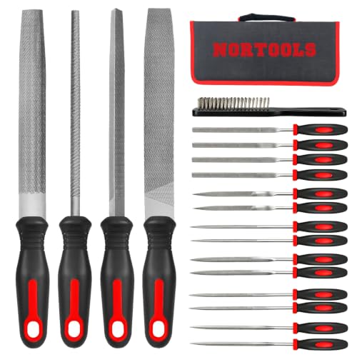 19 PCS Metal File Set, T12 Metal Files for Steel,Flat/Round/Triangle/Half-Round Hand Set with Needle File & Steel Brush for Metals, Metalworking & Woodworking Red black 19