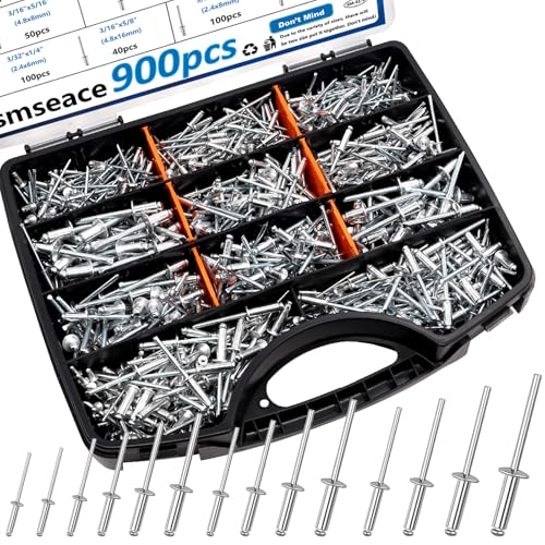 Click to See Full View Ask Rufus smseace 900Pcs Pop Rivets Assortment Kit 14-Sizes SAE (3/32 inch1/8 inch5/32 inch3/16 inch1/4 inch) Assorted Blind Rivets for Metal,Furniture,Automotive,Instrument