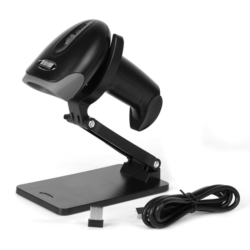 QR Code Scanner with Foldable Stand, 1D 2D Barcode Scanner 2.4G Wireless & USB Wired Connection, Handheld CMOS Image Bar Code Reader for Warehouse Library Supermarket