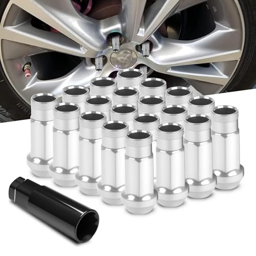 20pcs Silver Cold Forged Steel 12mm*1.5 Lug Nuts Extended Tuner Wheel Nuts Modified Nuts Open End Compatible with Various Types of Vehicles 12x1.5 20