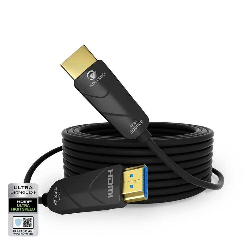 Fiber Optic HDMI Cable 50 ft, 10K 8K 4K Certified HDMI 2.1 Cable, CL3 Rated in Wall 48Gbps Extra Long Active Cable, Slim & Light Unidirectional One-Way HDMI, Support D-HDR, eARC Dolby Atmos Uni directional Black
