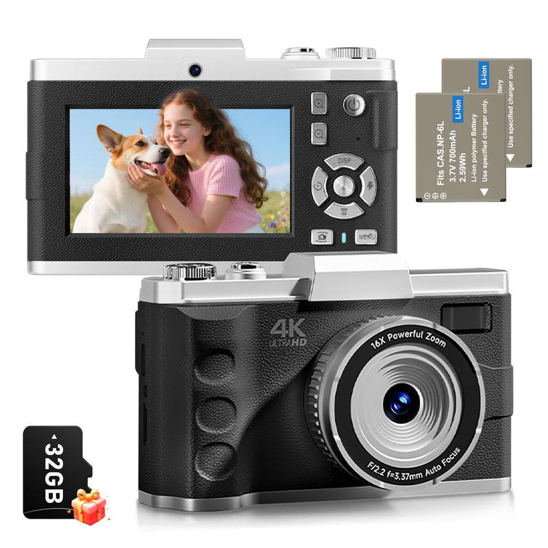 4K Digital Camera for Photography - Autofocus 64MP Vlogging Camera for YouTube Video, Dual Camera, Anti-Shake, 16X Zoom Compact Travel Cameras for Teens with 2 Batteries, 32GB Card (Black) Black