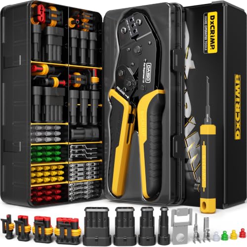 Waterproof Automotive Electrical Connectors Crimping Tool Kit, 1/2/3/4 Pin Waterproof Plugs, Ratchet Crimper for 24–14 AWG Wires, Includes Removal Tools for Car, Truck, RV, Boat Wiring Harness 1-4 Pin | 1.5mm Series