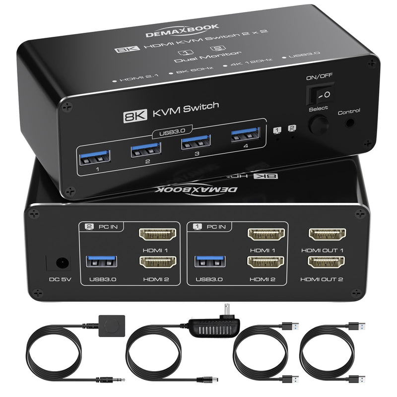 DEMEXBOOK HDMI KVM Switch 2 Monitors 2 Computers 8K@60Hz 4K@120Hz, with 4 USB 3.0 Ports for 2 Computers Sharing 2 Monitors, Extended/Copy Mode, with Power Adapter,Includes Remote & 2 USB Cables