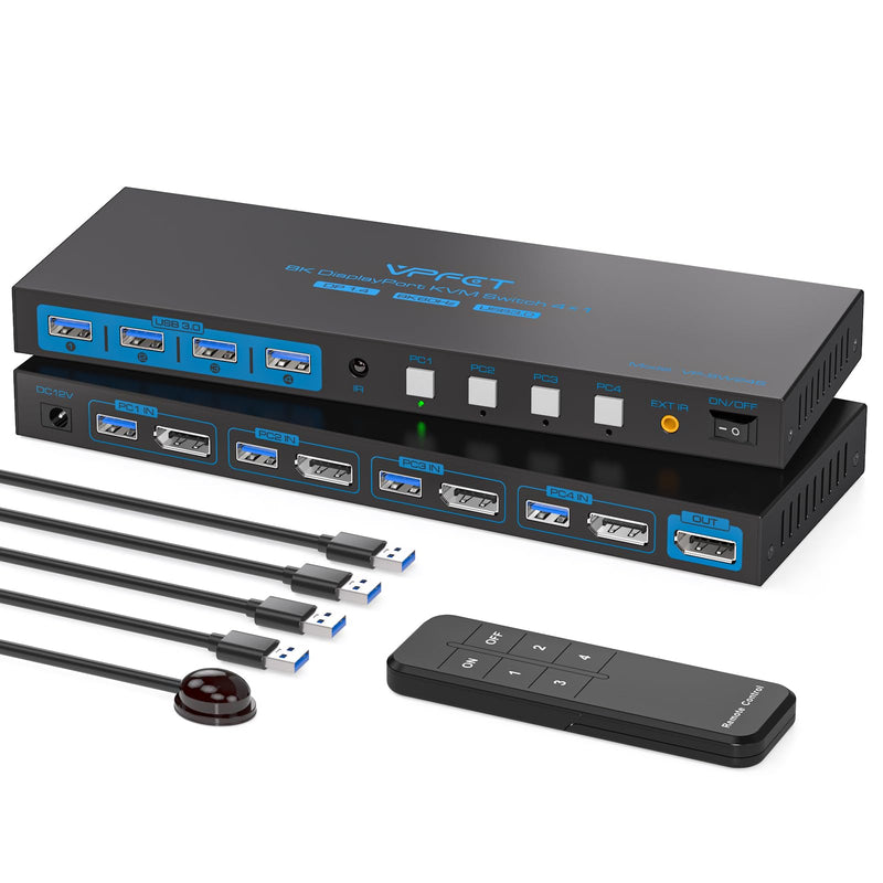 8K@60Hz DisplayPort KVM Switch 4 Computers 1 Monitor USB3.0 4K120Hz 4 Ports DP KVM Switches 4 in 1 Out for 4 Computers Share 1 Monitor and Keyboard Mouse etc. with 4 USB Cable and Controller 4 PC 1 Monitors Deep Blue