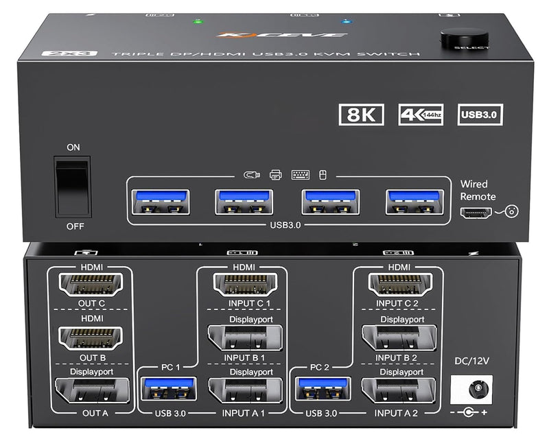 HDMI Displayport KVM Switch 3 Monitors 2 Computers 8K@60Hz/4K@144Hz, USB3.0 KVM Switches for 2 PC Sharing Triple Monitor and Keyboard Mouse with Power Adapter,Wired Extend Controller and USB3.0 Cables 8K HDMI DP KVM Switch 2 PC 3 Monitor