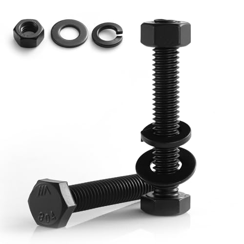 3/8-16 x 2-1/2" Hex Head Screws Bolts,Hex Nuts,Flat & Lock Washers,304 Stainless Steel 18-8,Black Zinc Plated,Fully Threaded(18 Sets) 3/8-16 x 2-1/2"
